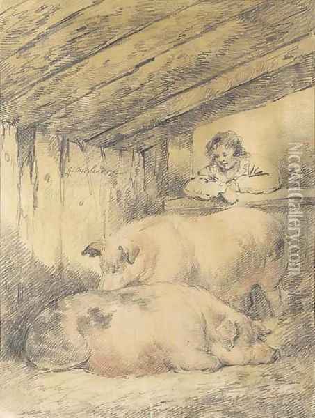 Pigs in a sty Oil Painting - George Morland