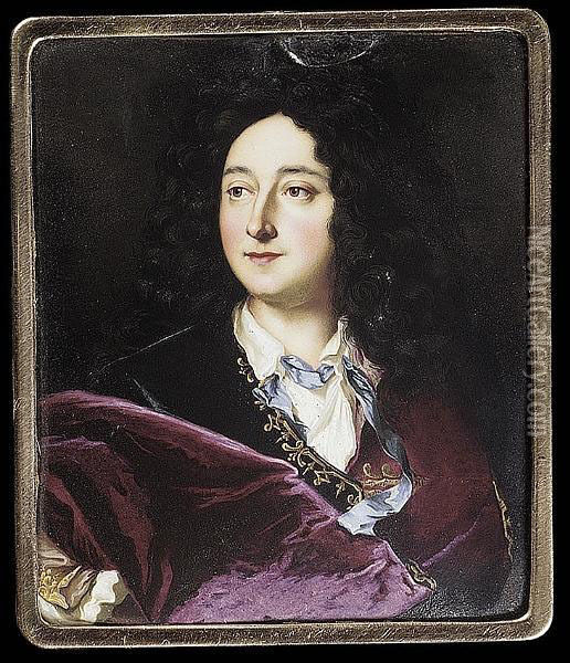 A Nobleman, Wearing Burgundy Cloak Over Black Coat Trimmed With Gold Braid, A Blue Ribbon Threaded Through His White Shirt Collar, Full-bottomed Black Curled Wig (restored) Oil Painting - Alexandre De La Chana