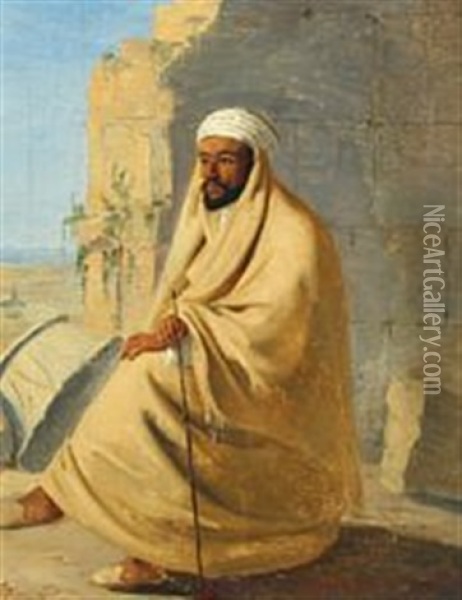 A Bedouin, Sitting In Dessert Ruins Oil Painting - Niels Simonsen
