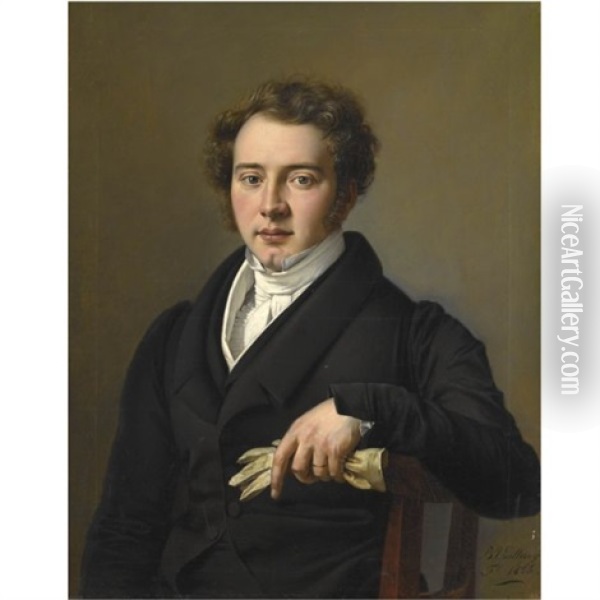 Portrait Of A Young Man, Half Length, Wearing Black Jacket And Holding A Pair Of Gloves Oil Painting - Josef Bartholomeus Vieillevoye