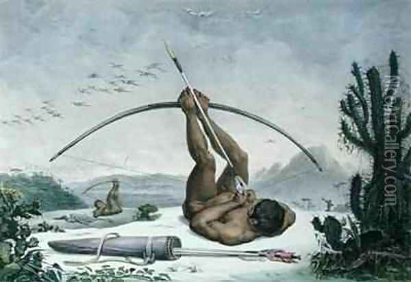 Cabocle Indian hunting birds with a bow and arrow Oil Painting - Jean Baptiste Debret