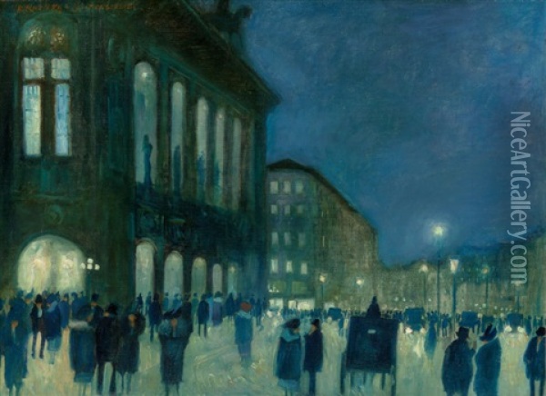 View Of The Vienna Staatsoper At Night Oil Painting - Hans Ruzicka-Lautenschlaeger