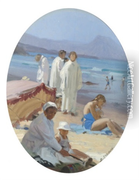 La Plage Des Basques A Biarritz Oil Painting - Hubert-Denis Etcheverry