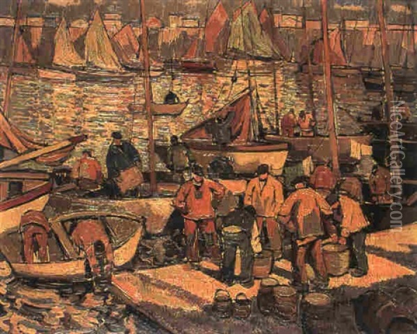 Marins Dans Un Port De Peche Oil Painting - Pierre De Belay