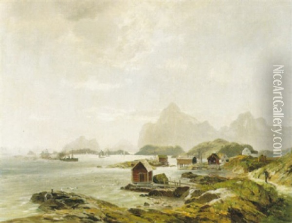 Kustvy Med Fartyg, Lofoten Oil Painting - Georg M. Meinzolt