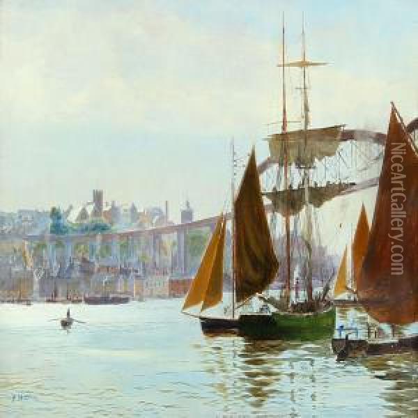 Coastal Scene With Numerous Ships At A Major City Oil Painting - Henry Martin