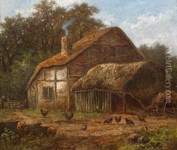 Thatched Barn With Chickens To The Foreground Oil Painting - Hendrik Pieter Koekkoek