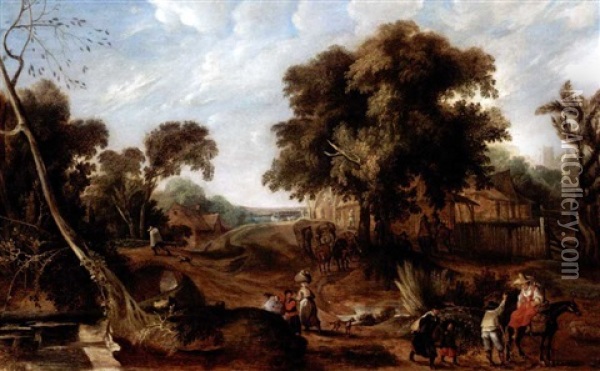 An Extensive Landscape With Many Figures Passing Through A Village Oil Painting - Pieter van der Hulst the Elder