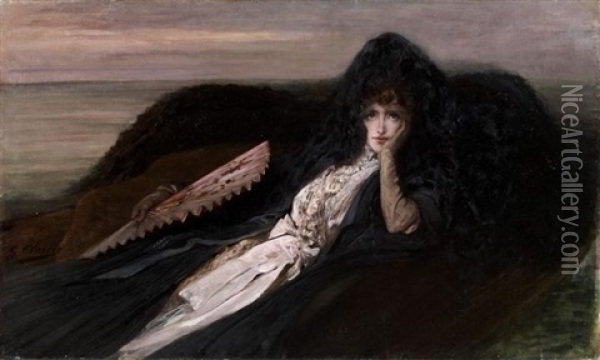 Portrait De Sarah Bernhardt A Belle-ile Oil Painting - Georges Jules Victor Clairin