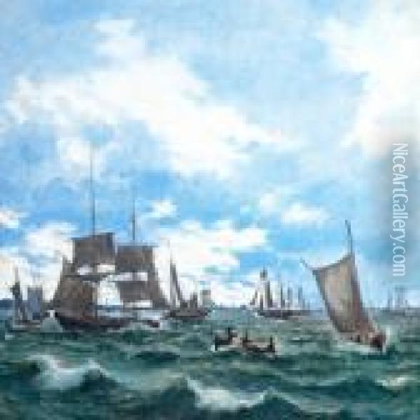 Numerous Ships And Pramson The Water Oil Painting - Anton Melbye