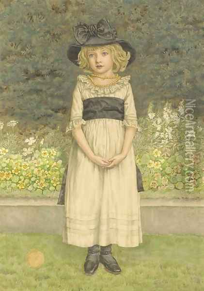 Study of a young girl in a garden, a border of nasturtiums and other plants beyond Oil Painting - Kate Greenaway