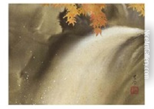 Waterfall With Colored Leaves Oil Painting - Shunkyo Yamamoto
