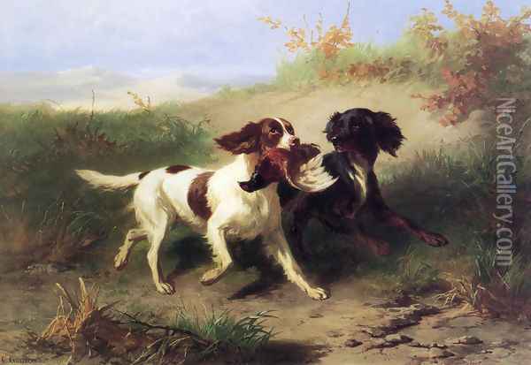 Two Spaniels in a Landscape Oil Painting - Conradyn Cunaeus