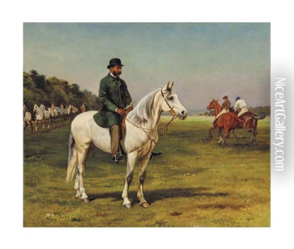 The Limekilns, Newmarket: Captain J.o. Machell On A White Horse With The Jockeys E. Martin And F. Archer Exercising Their Horses Oil Painting - William H. Hopkins