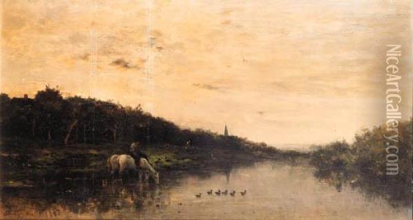 Chevaux Au Bord De L'oise Oil Painting - Charles-Francois Daubigny