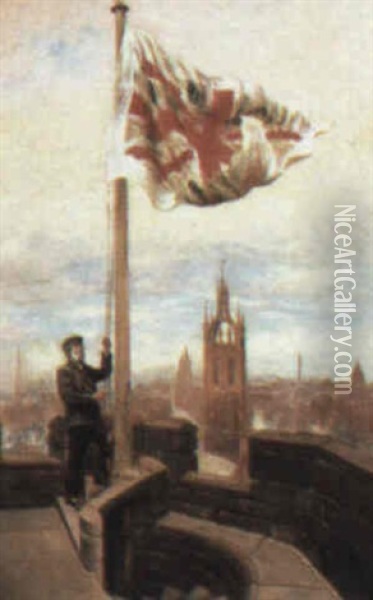 Hoisting The Union Flag, Newcastle, St. Nicolas' Cathedral Beyond Oil Painting - Wilson Hepple