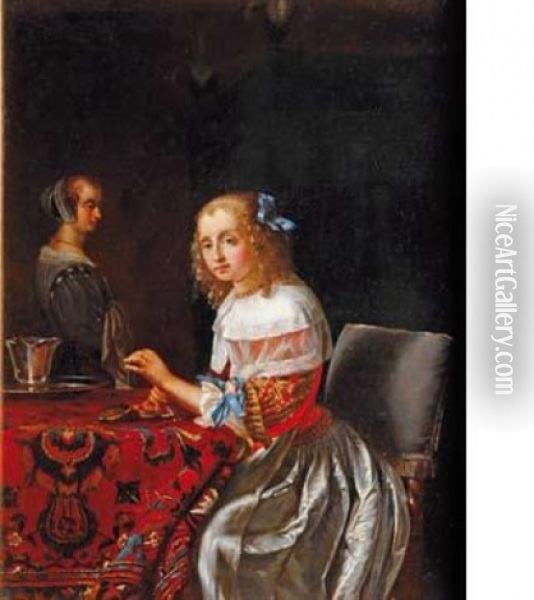 Jeune Femme Enfilant Des Perles Oil Painting - Frans van Mieris the Elder