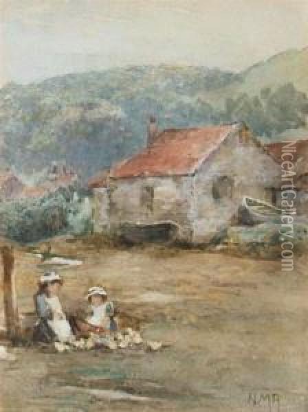 Children With Ducklings By An Estuary - Signed With Initials,watercolour Oil Painting - Henry Maynell Rheam