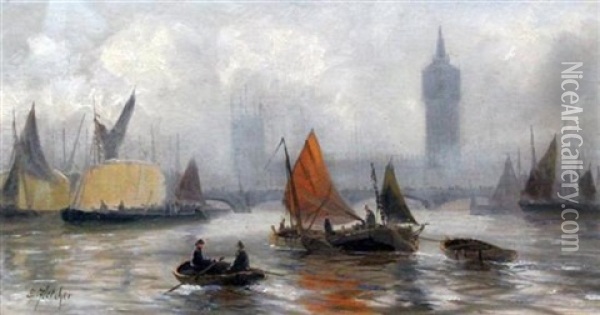 Shipping On The Thames (+ Shipping On The Thames; Pair) Oil Painting - Edward Henry Eugene Fletcher
