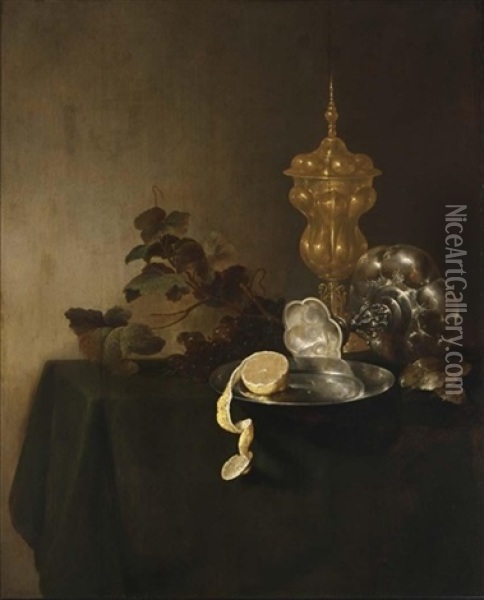 A Still Life On A Table Draped With A Green Cloth Oil Painting - Jan Davidsz De Heem