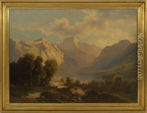 An Expansive View With Mountains And Lake Oil Painting - Josef Thoma