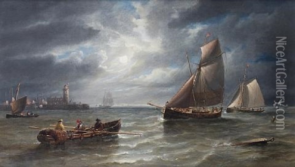 Small Traders And Fishing Boats Running Into Harbor By Moonlight Oil Painting - John Wilson Carmichael