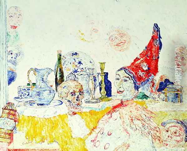 Pierrot and the Yellow Skeleton Oil Painting - James Ensor