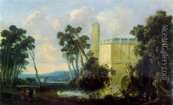 An Extensive Landscape With A Moated Castle And Figures On A Path Oil Painting - Jacob van Geel