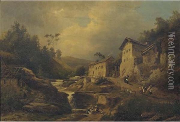 Mosellandschaft: Villagers By A Stream Near Trier, Germany Oil Painting - Emil Von Ernst
