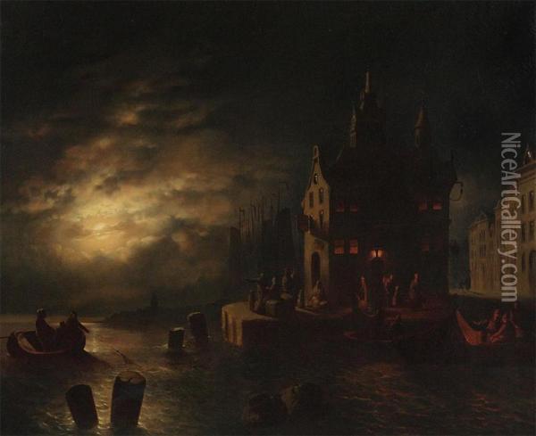Harbour View At Night With Figures At The Quay Oil Painting - Johann Mongels Culverhouse