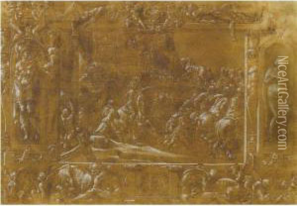 The Trojans Bringing The Wooden Horse Into Their City Walls Oil Painting - Francesco Primaticcio