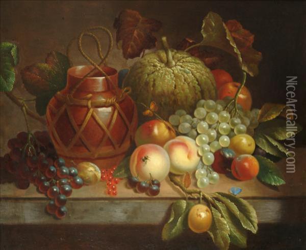 Still Life Offruit And Flask On A Ledge Oil Painting - George Hedley