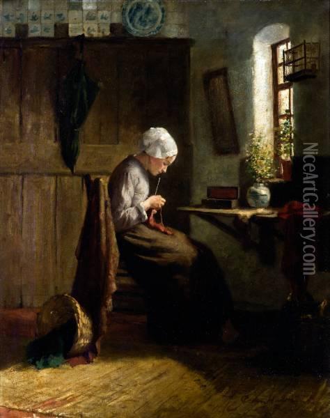 Jonge Vrouw Met Handwerk In Een Interieur Oil Painting - Johan Cornelis Van Hulsteijn