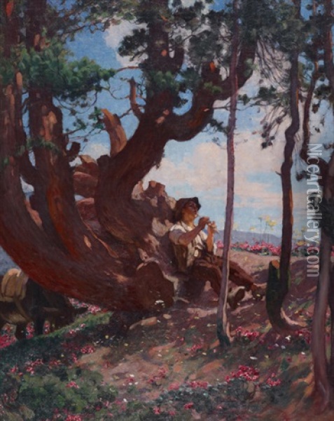 Jeune Berger Jouant De La Flute, Chandolin Oil Painting - Edouard John E. Ravel