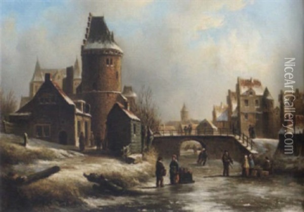 Stadsvy Med Figurer - Vinterdag Oil Painting - Oene Romkes De Jongh
