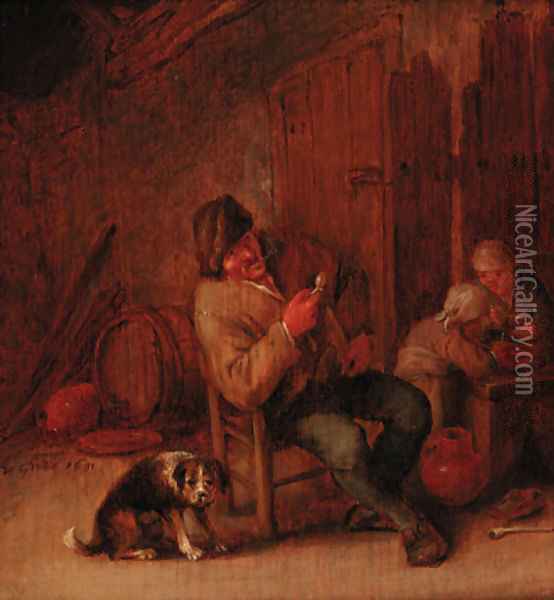 A boor smoking in an inn, with a dog and two children Oil Painting - Adriaen Jansz. Van Ostade