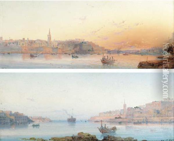 The Grand Harbour, Valetta, Early Morning; And The Grand Harbour, Valetta, At Dusk Oil Painting - Luigi Maria Galea