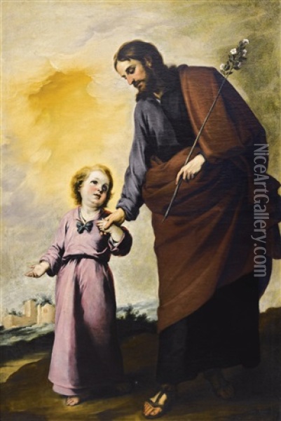 Saint Joseph With The Christ Child Oil Painting - Bartolome Esteban Murillo