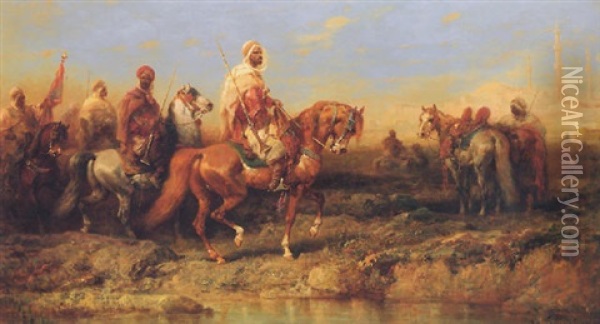 Arab Horsemen Before A Middle Eastern City Oil Painting - Adolf Schreyer