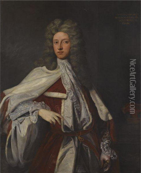 Portrait Of Charles, Lord Bruce 
Wearing Peer's Robes, His Coronet To The Right (1682-1747) Oil Painting - Sir Godfrey Kneller