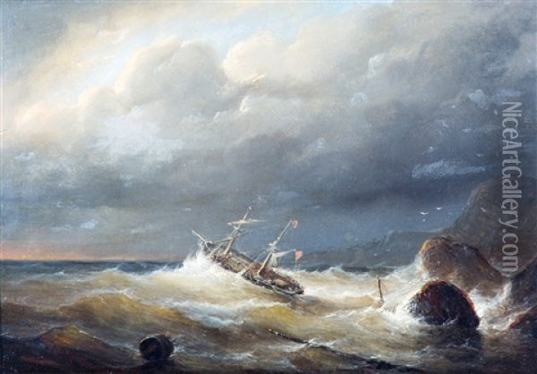Ship Off A Rocky Coast Oil Painting - Christian Cornelis Kannemans