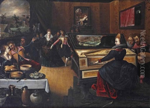A Merry Company Feasting And Dancing With An Elegant Lady Playing The Clavichord In The Foreground Oil Painting - Louis de Caullery