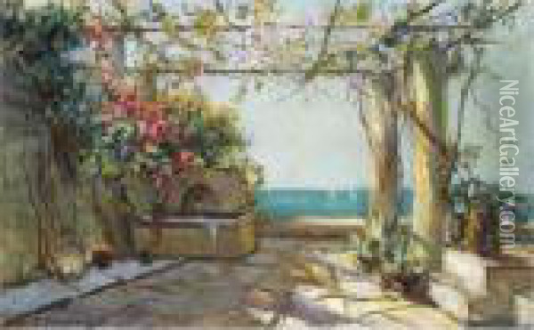 View Of A Garden In The South Of France Oil Painting - Georges Lapchine