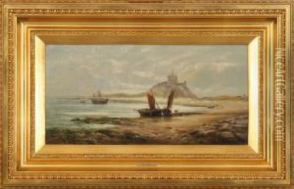 Fishermen And Their Boats, In The Background A Castle. Signed B. B. Hemy Oil Painting - Bernard Benedict Hemy
