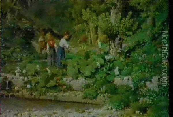 Three Children In A Garden Oil Painting - Filippo Palizzi