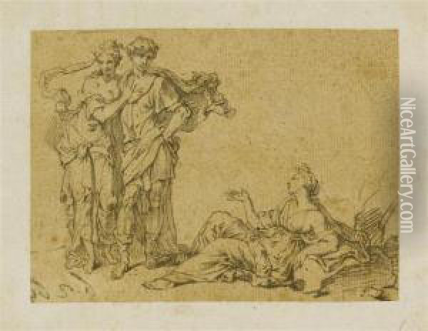 Allegorical Scene With Couple And Woman Reclining Oil Painting - Johann Rudolf Huber