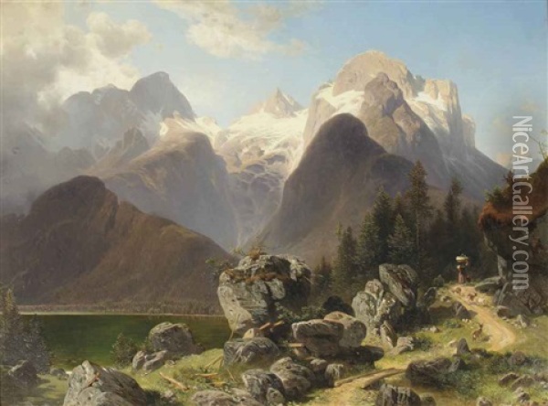 An Alpine Landscape With An Old Woman On A Pathway Oil Painting - Josef Holzer