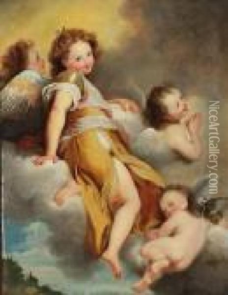 Angel And Cherubs Attending, A Landscapebelow Oil Painting - Federico Fiori Barocci