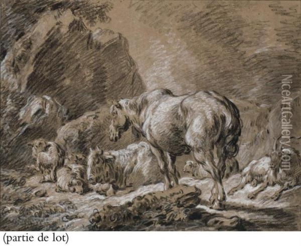 Vaches, Chevres Et Moutons Dans Un Paysage Marecageux Oil Painting - Jean-Baptiste Huet I