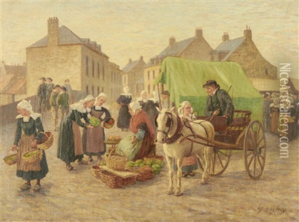 Market In Brittany Oil Painting - August Vilhelm Nikolaus Hagborg